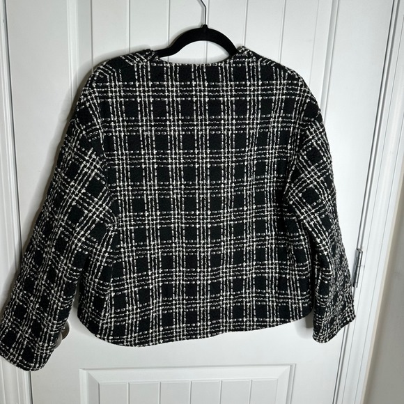 Zara‎ black plaid textured weave boxy jacket size small blogger preppy - Picture 9 of 9